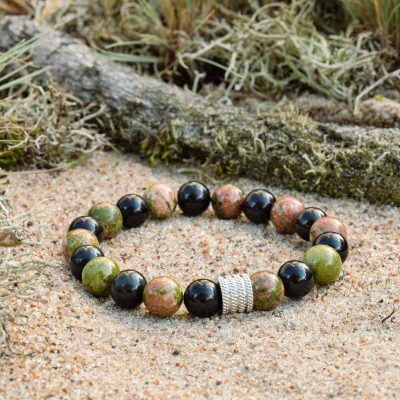 Unakite and Black Obsidian Bracelet